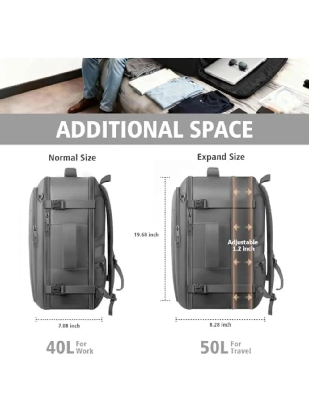 Extra Large 50L Travel Backpack - Waterproof Expandable Carry-On Daypack for